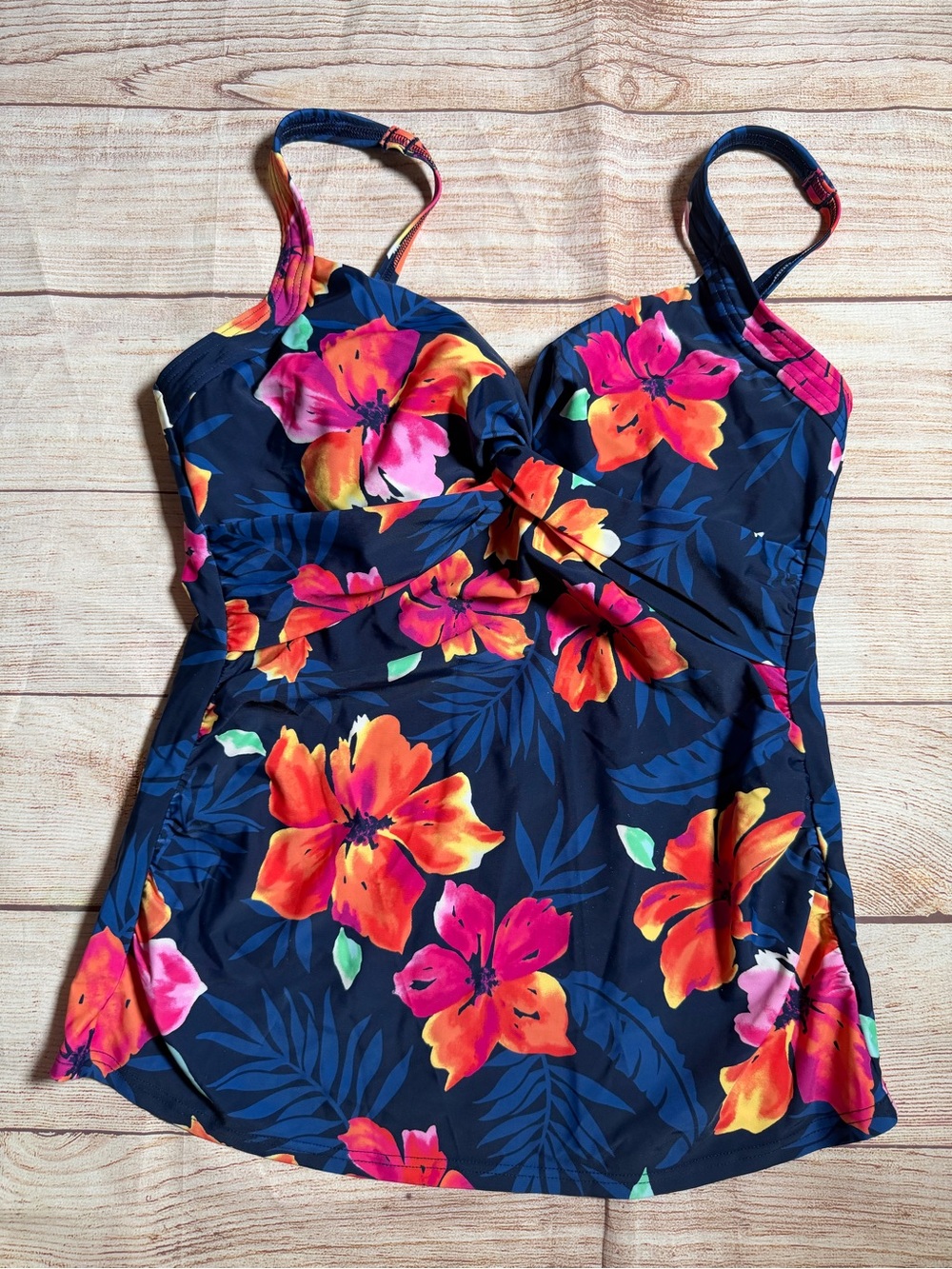 Lands' End Navy Floral Tropical Tankini Top with‎ Orange & Pink Blooms